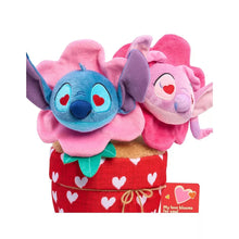 Plush Stitch and pink character in heart-print pot, small heart tag