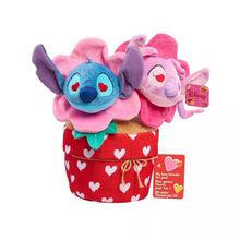 Disney Valentine potted plush with blue Stitch and pink character in red heart pot