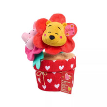 Valentine potted plush with Winnie the Pooh face, red heart-pattern pot, and small heart tag