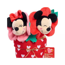 Heart-pattern plush pot with Mickey and Minnie heads, gift bow and side tag