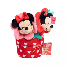 Plush potted flowers with Mickey and Minnie faces, red heart dress and ribbon bow