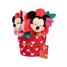Plush potted flowers with Mickey and Minnie, red heart pattern pot and flower accents