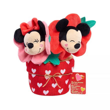 Heart-pattern plush potted set with Mickey and Minnie, red fabric and bow