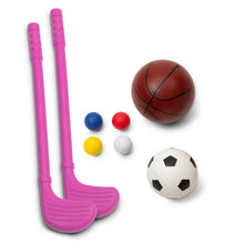 Purple goal posts with basketball, soccer ball, and four foam balls