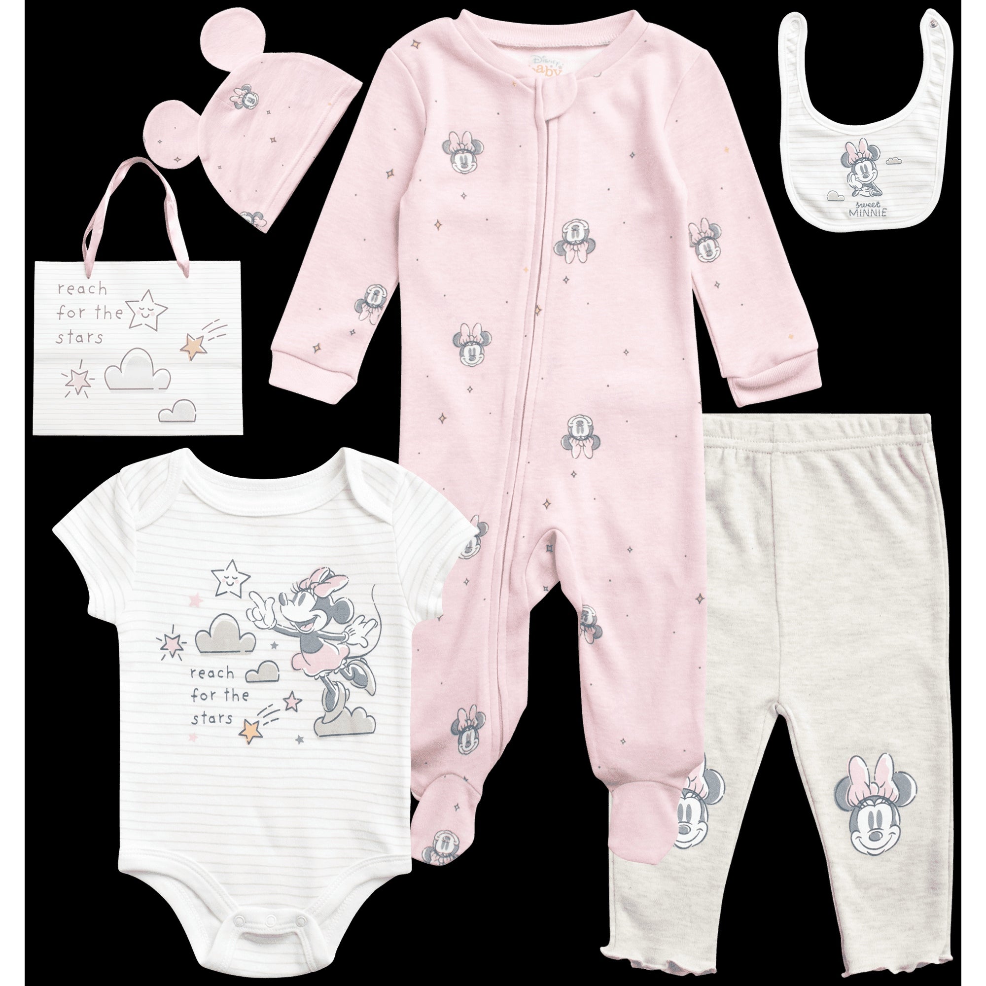 Disney Newborn Baby Layette Set - 6 Piece Disney Bodysuit Coveralls Sweatpants, Hat, Gift Bag (0-6M)