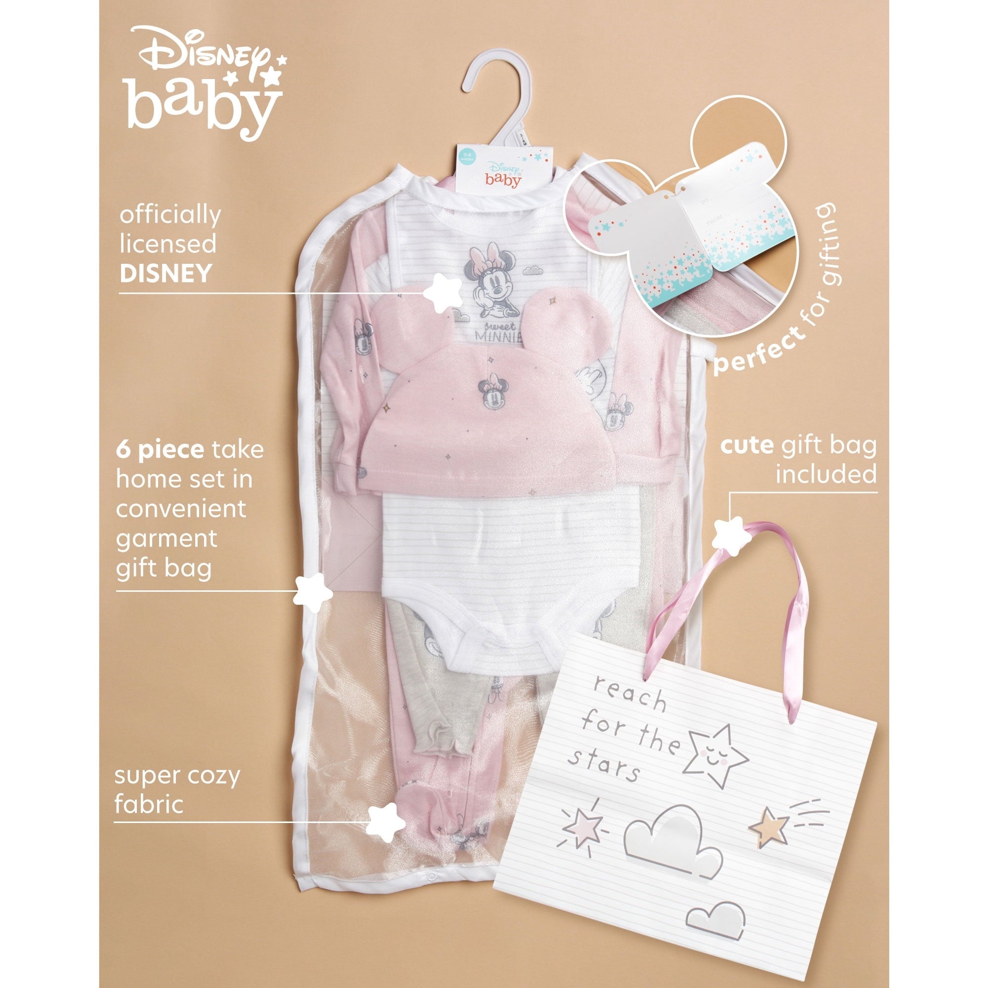 Disney Newborn Baby Layette Set - 6 Piece Disney Bodysuit Coveralls Sweatpants, Hat, Gift Bag (0-6M)
