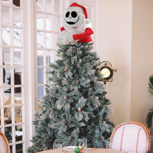 Jack Skellington plush tree hugger perched on a Christmas tree, red hat and outfit