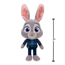 Grey bunny plush front view with purple eyes, dark blue outfit, pink inner ears