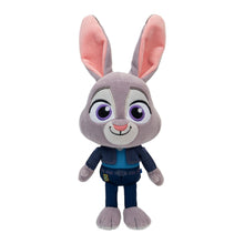 Grey bunny plush front view, purple eyes, dark blue jacket and pants, pink ears