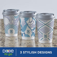 Three paper to-go cups with gray lids, blue printed designs