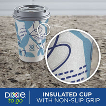 Paper to-go cup with gray lid, blue print, textured non-slip grip shown