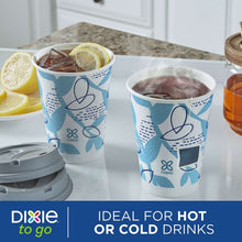 Paper to-go cup set with blue geometric print and gray lids, drinks inside