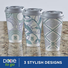 Set of three 16 oz paper cups with gray lids, teal-and-blue geometric patterns.