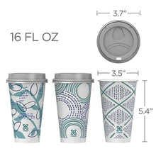 16 oz paper cups with gray lids, teal-and-blue geometric print, with cup size views.