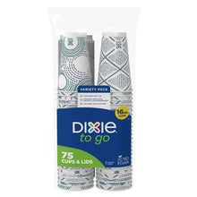 Variety pack of 16 oz paper cups with gray leak-resistant lids, teal geometric design.