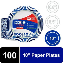 10-inch disposable paper plate pack with blue wave border, multi-color design, 100 count