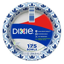 Blue leaf-pattern paper bowl with Dixie logo and 175 bowls text, 12 oz size