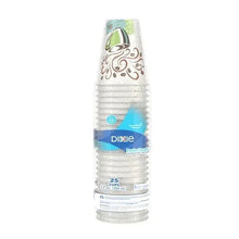Stack of Dixie PerfectTouch 12 oz paper hot cups, white with blue band