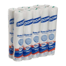 Dixie domed hot cup lids, white plastic, 8 oz, bulk pack with blue sleeves.