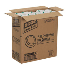 Open cardboard box with Dixie domed hot cup lids, 8 oz dome lids inside.