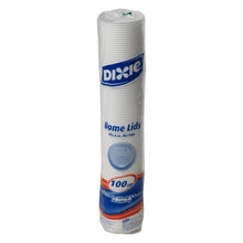 Dixie domed hot cup lids roll, white plastic, 8 oz, blue label band.