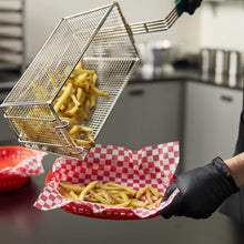 Red and white checkered wrap and liner holding fries in a fryer basket