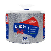 Dixie Ultra paper plate pack, 186 plates, gray wrap with blue MaxShield label