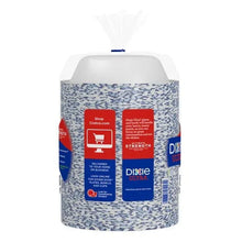 Front of blue speckled 20 oz paper bowl carton with red and blue info panels