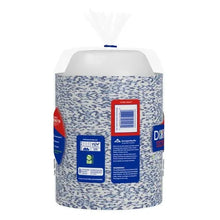 Back of blue speckled 20 oz paper bowl carton with barcode and labels