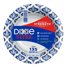 Blue patterned paper bowl with Dixie Ultra branding and 135-count details