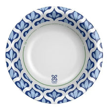 Blue and white patterned disposable paper bowl with empty interior