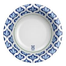 Paper bowl with blue patterned rim and white interior