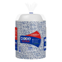 Stacked 20 oz paper bowls in blue speckled packaging, 135-count