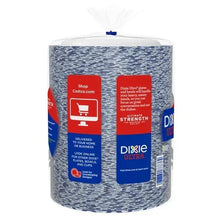 Dixie Ultra paper plate stack in blue-speckle wrap with red service icons and text.