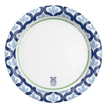 Round paper plate with white center and blue leaf border pattern.