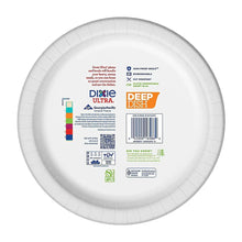 Deep dish disposable paper plate back with product information icons and barcode