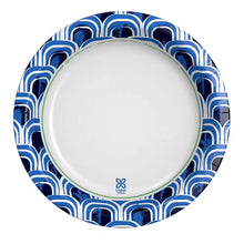Deep dish disposable paper plate with blue wave border and blank white interior