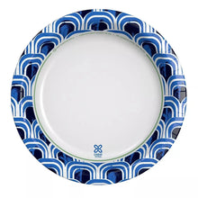 Disposable deep dish paper plate, white interior with blue patterned rim