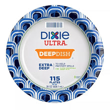 Deep dish disposable paper plate with blue border and DEEP DISH front label