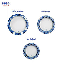 Disposable plate size comparison diagram showing 11.1-in, 28 oz, and 3.4-qt options