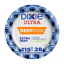 Deep dish disposable paper plate with blue art border and orange DEEP DISH label