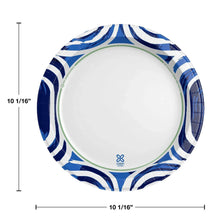 10 1/16 inch paper dinner plate with blue geometric rim and white center, top view