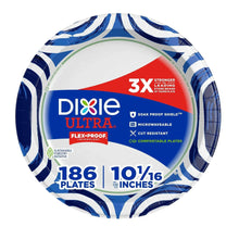 Blue patterned paper dinner plate with white center, 3X strength branding, 10 in
