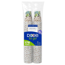 Insulated paper cups with beige and green swirl pattern, stacked in clear bag