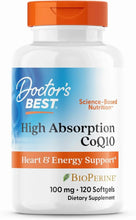 CoQ10 softgel supplement bottle, orange cap, blue label, 100 mg, 120 softgels
