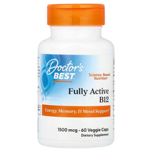 B12 supplement bottle with orange cap, “Fully Active B12” label, 1500 mcg, 60 veggie caps