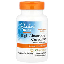 High-absorption curcumin supplement bottle, orange cap, 120 veggie capsules
