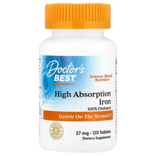 High absorption iron supplement bottle with orange cap and blue front label