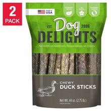 2-pack dog treat bag of chewy duck sticks with dark stick pieces inside