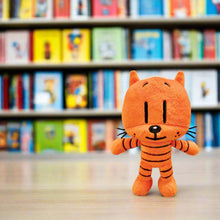 Orange tiger plush with black striped arms and belly, sitting pose